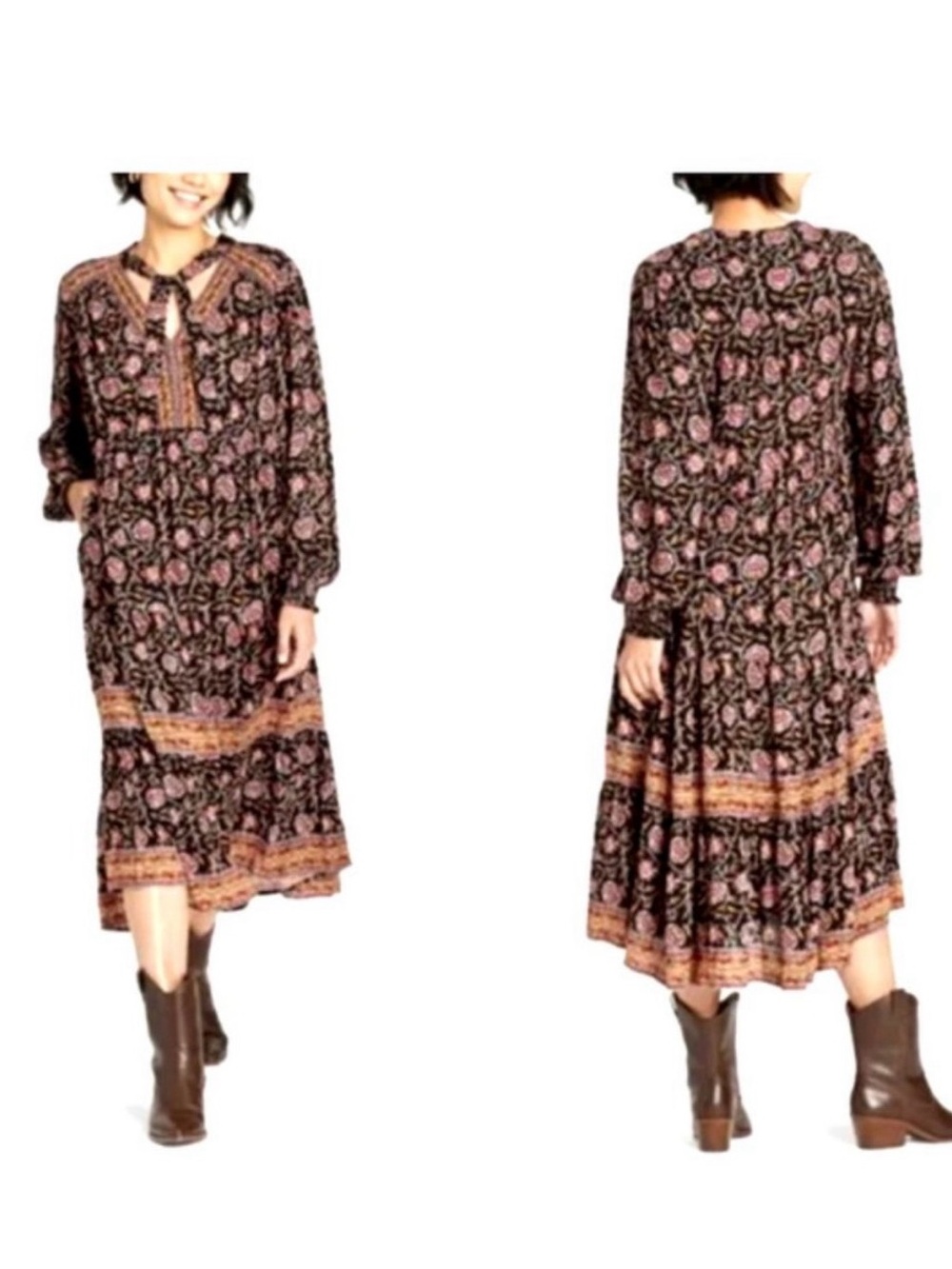 Knox Rose Black and Pink Boho Floral Tiered Midi Dress